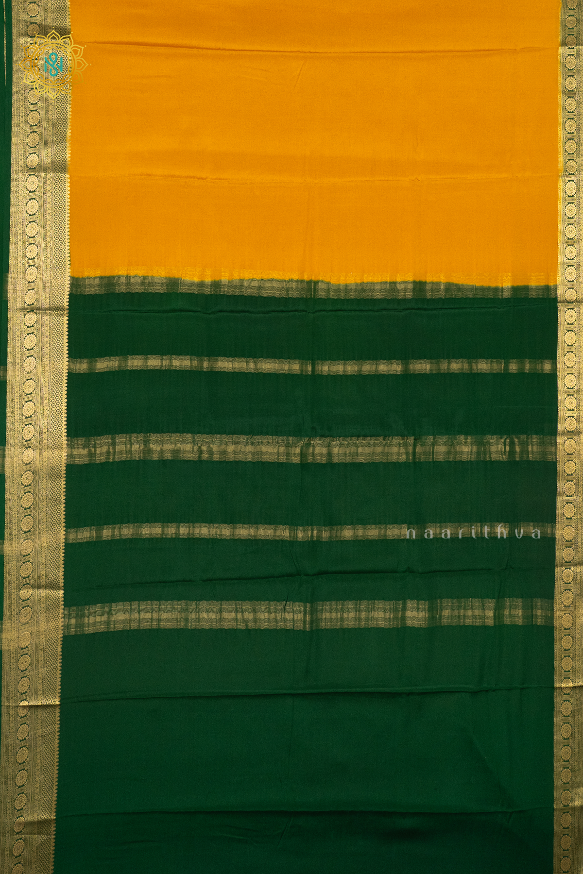 YELLOW WITH GREEN - PURE MYSORE CREPE SILK