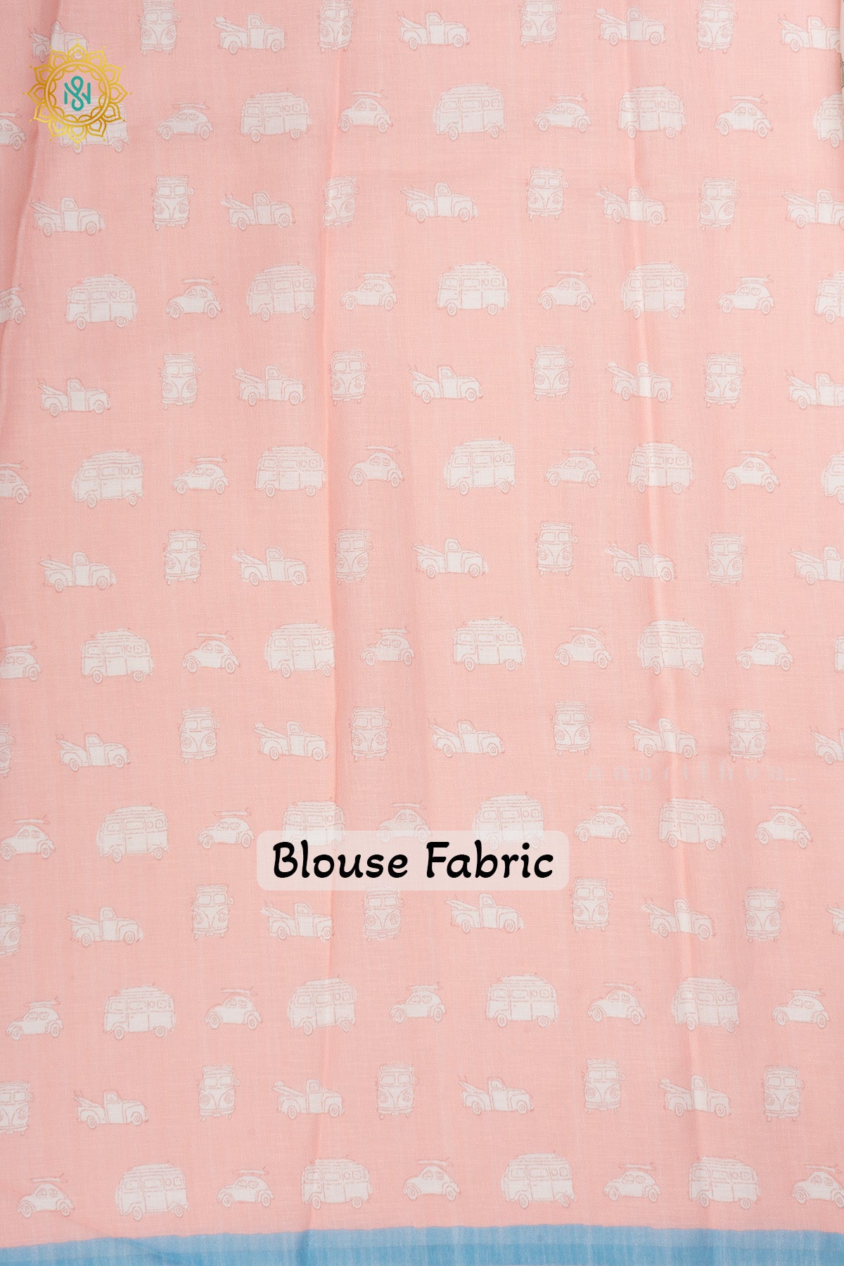 White with Blue Linen Cotton Saree with Allover Pastel Vintage Vehicle Prints and Contrast Border