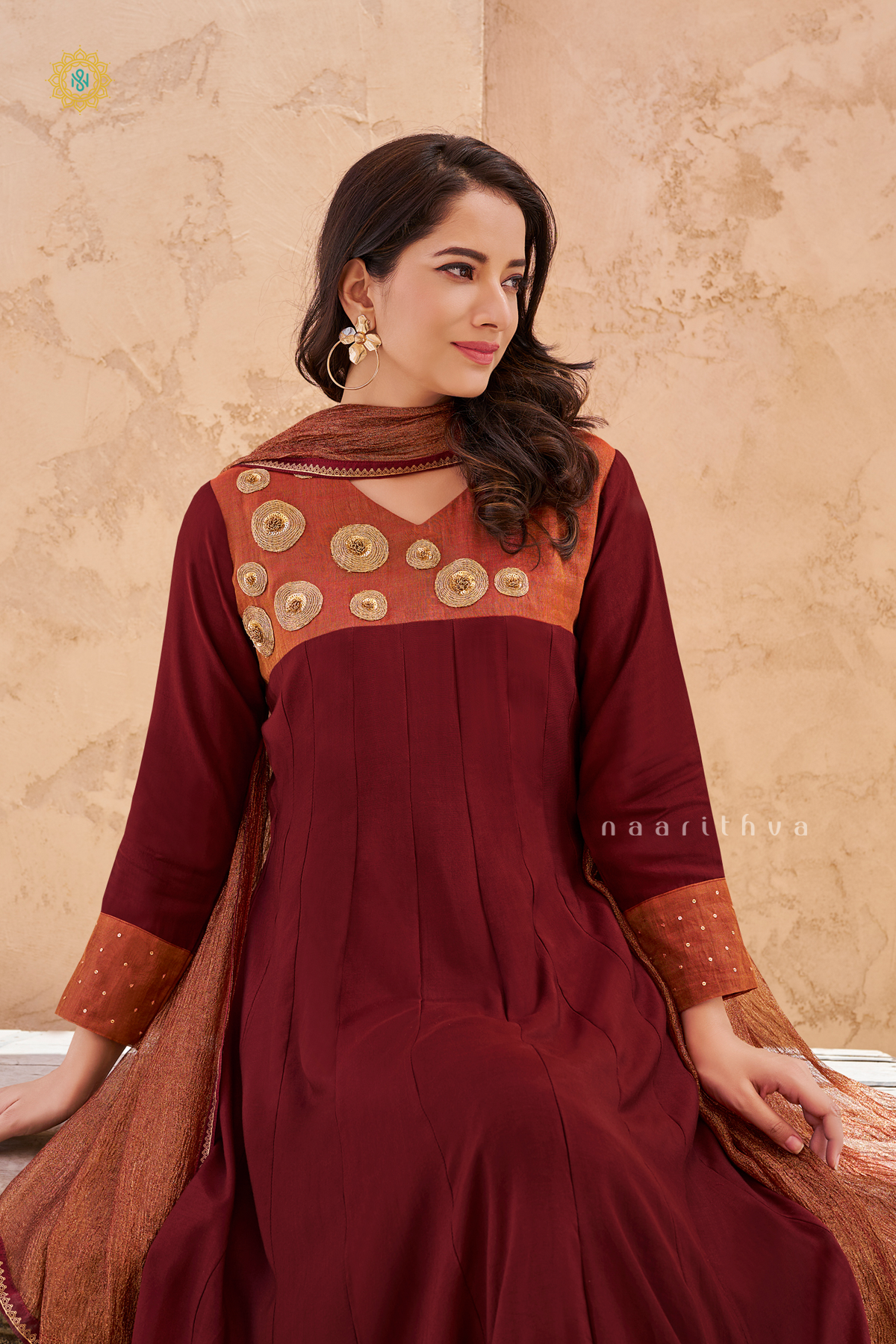 MAROON - SILK 3PC SALWAR SUIT WITH PRINTED TOP, BOTTOM & DUPATTA