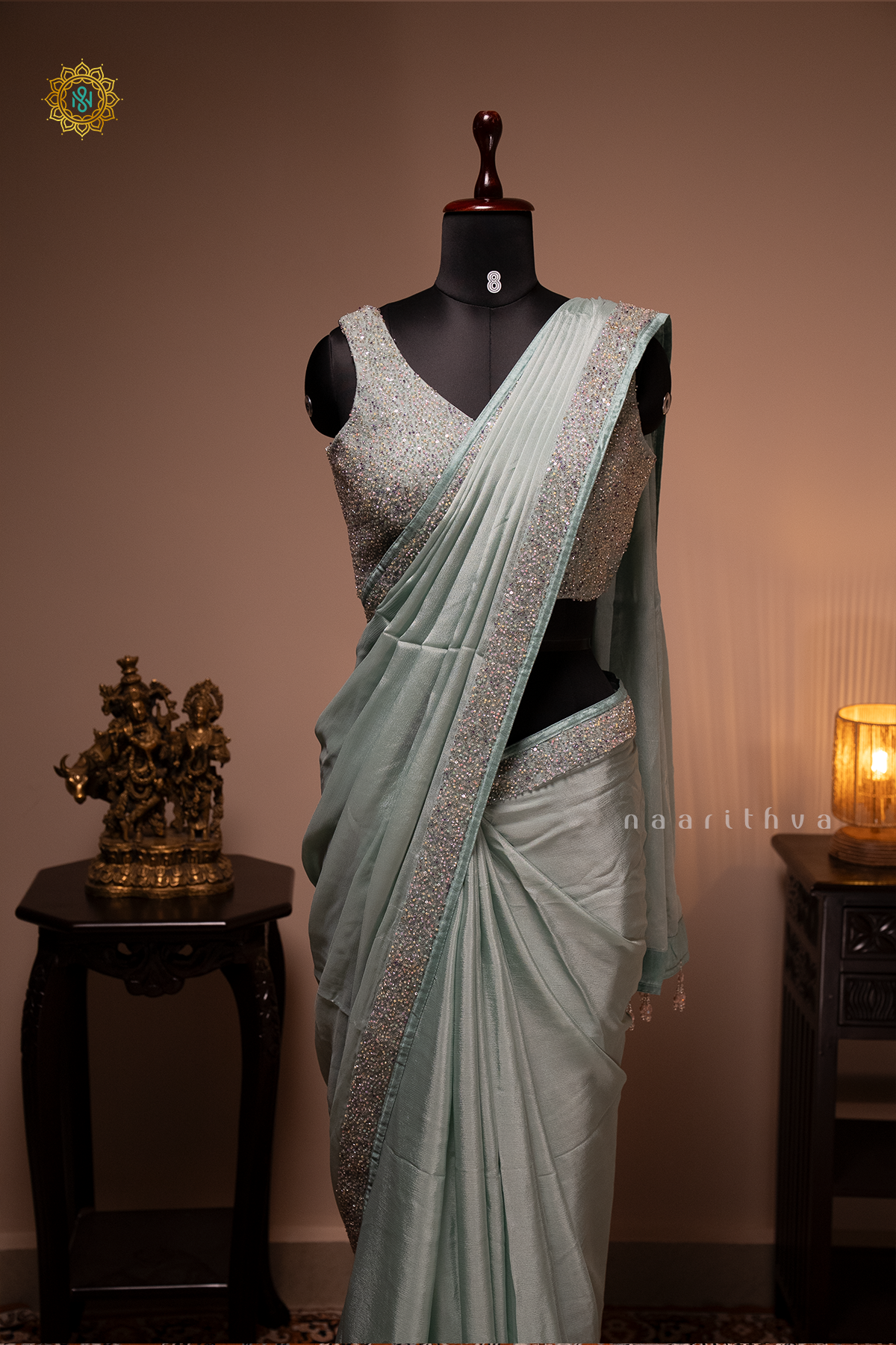 Light Blue Chinnon Designer Wear Saree with Readymade Blouse