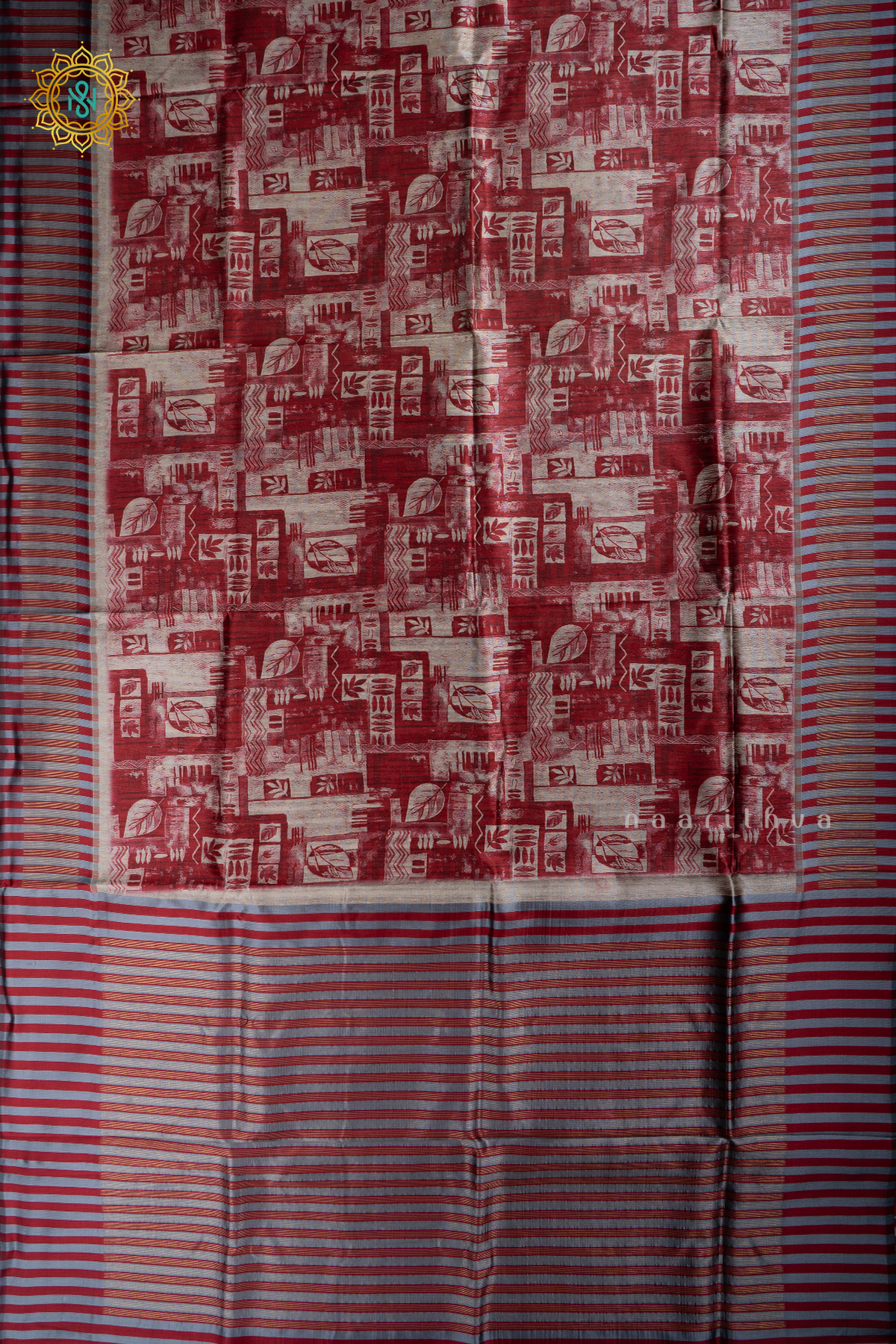 Beige With Red Semi Tussar Silk With Printed Body With Zari Border & Pallu
