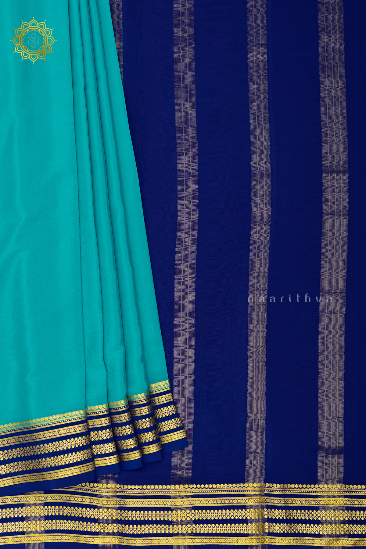 AQUA BLUE WITH ROYAL BLUE - PURE MYSORE CREPE SILK