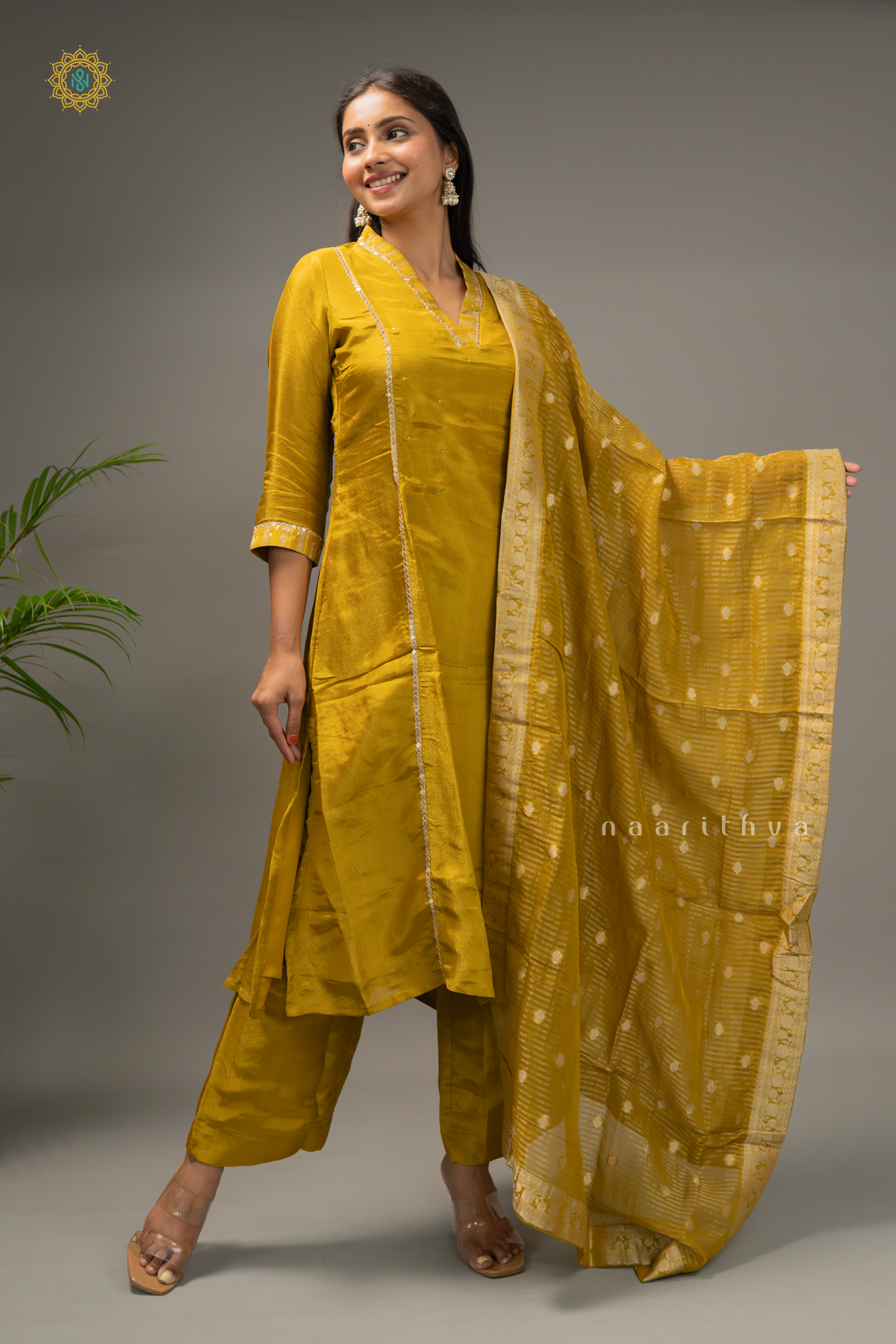 YELLOW - TISSUE SALWAR SUIT WITH SEQUINS WORK TOP, BOTTOM & DUPPATA