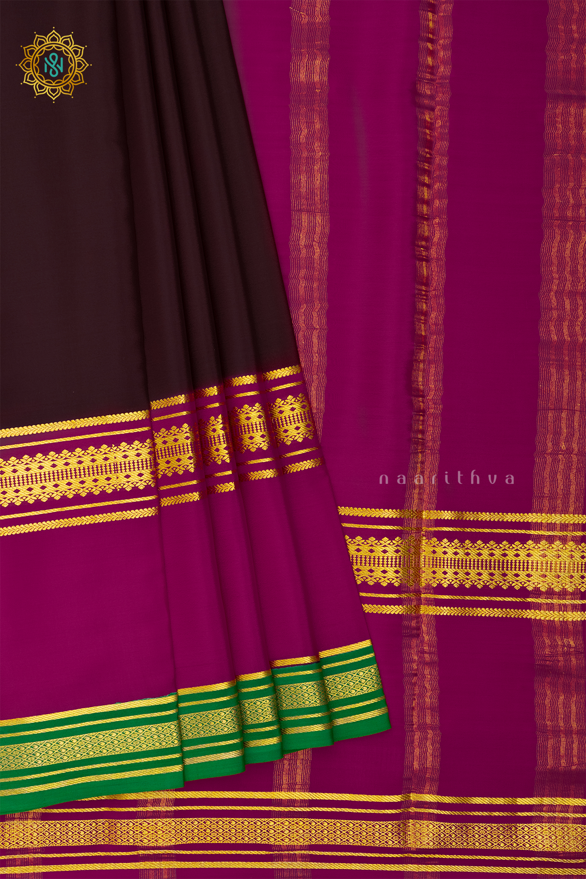 DEEP WINE WITH PINK & GREEN - PURE MYSORE CREPE SILK