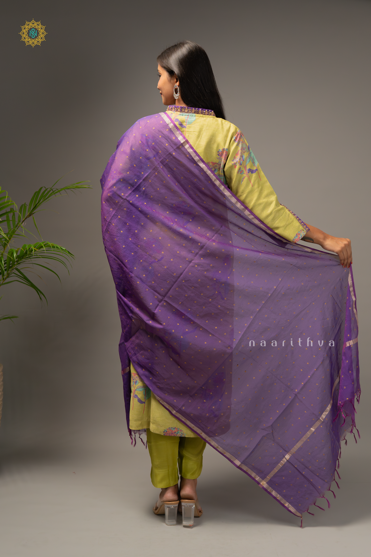 GREEN WITH PURPLE - MUSLIN 3PC SALWAR SUIT WITH TOP, BOTTOM & DUPPATA