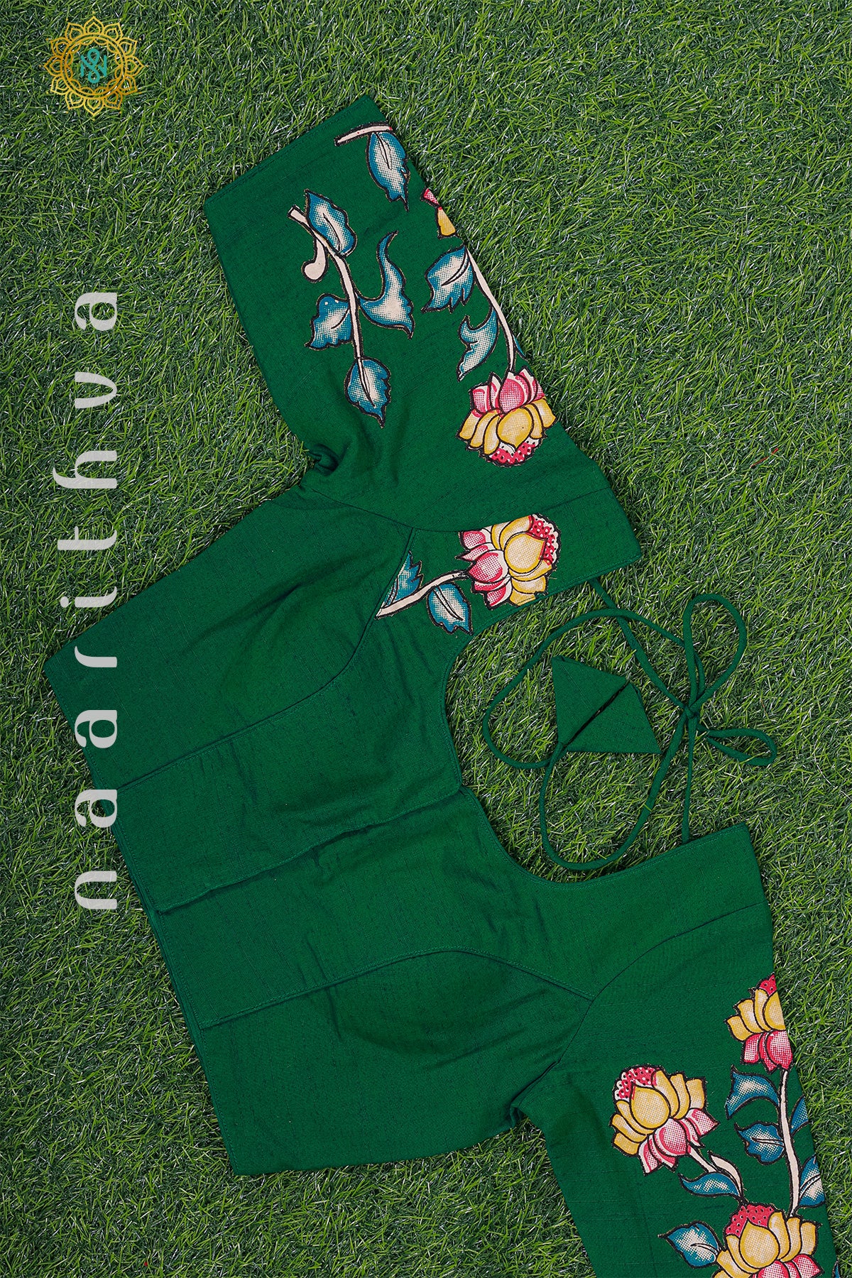 BOTTLE GREEN - READYMADE COTTON SILK WITH APPLIQUE WORK BLOUSE