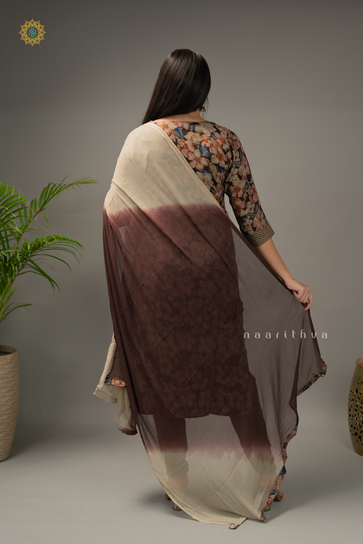 BROWN - COTTON 3PC SALWAR SUIT WITH FLORAL PRINTED TOP & BOTTOM