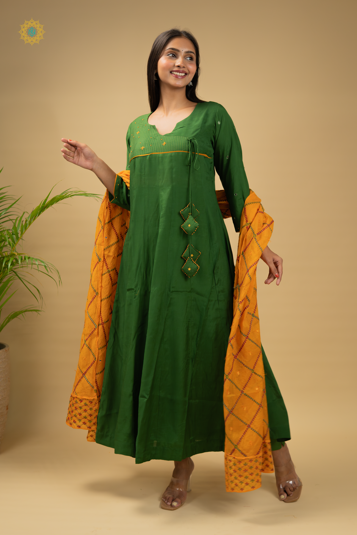 GREEN WITH YELLOW - 3PC DOLA SILK SALWAR SUITS WITH TOP, BOTTOM & DUPATTA