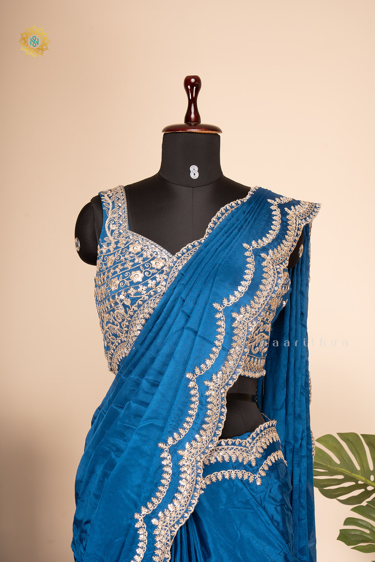 BLUE - CHINNON DESIGNER WEAR WITH READYMADE BLOUSE