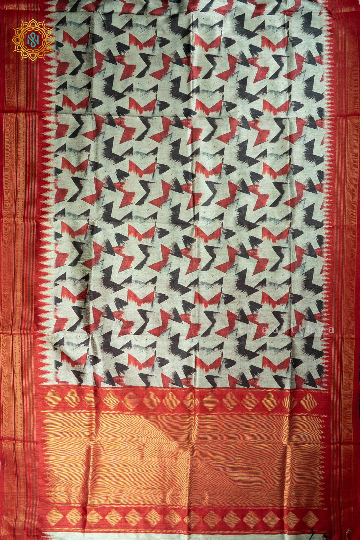 Black With Red Semi Tussar Silk With Printed Body With Zari Border & Pallu