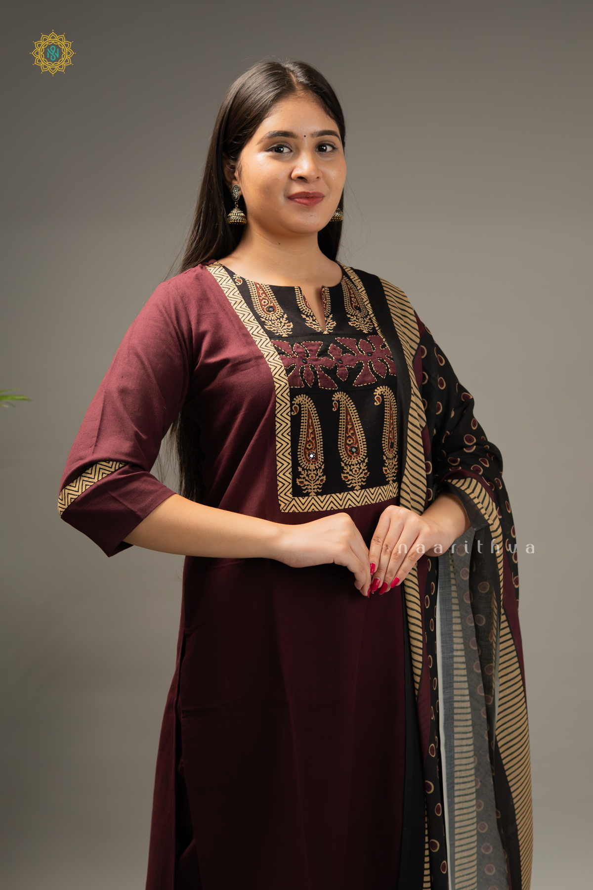 WINE WITH BLACK - COTTON 3PC SALWAR SUIT WITH TOP, BOTTOM & DUPATTA