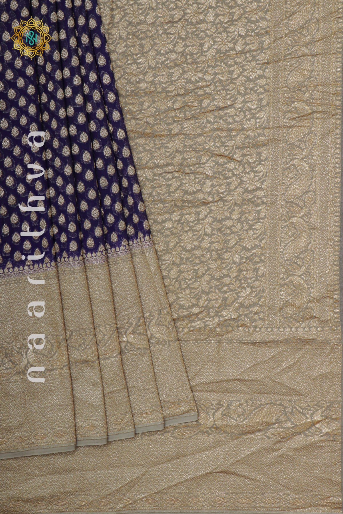 NAVY BLUE WITH GREY - PURE BANARASI KHADDI GEORGETTE
