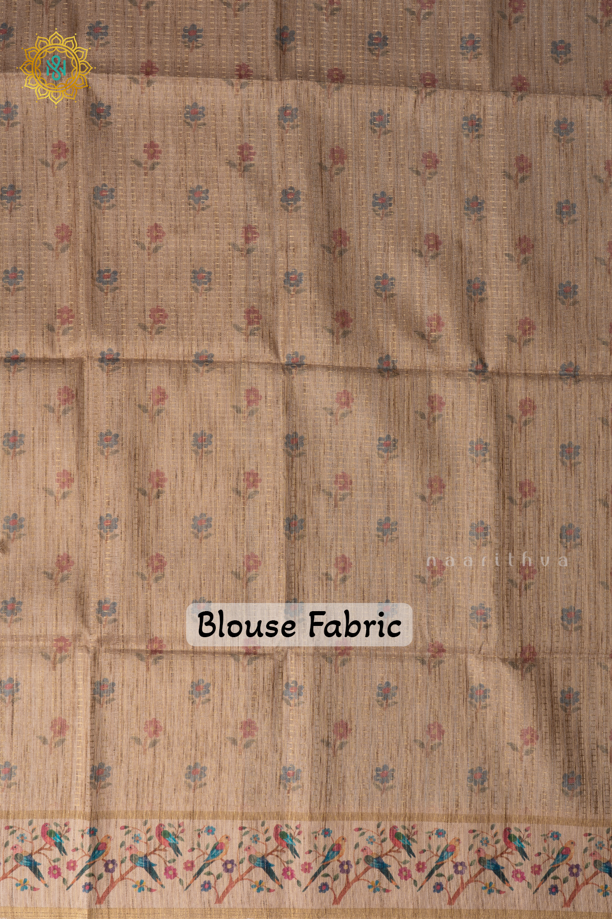 Blue With Beige Semi Tussar Silk Saree With Zari Stripes & Buttas On The Body, Printed Border And Contrast Blouse