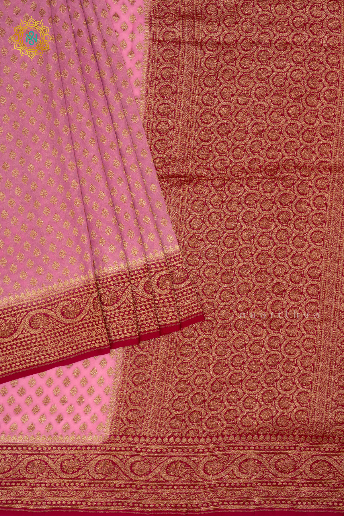 Light Pink With Magenta Pure Banarasi Khaddi Georgette Saree Allover Zari Woven Buttas And Contrast Zari Woven Border
