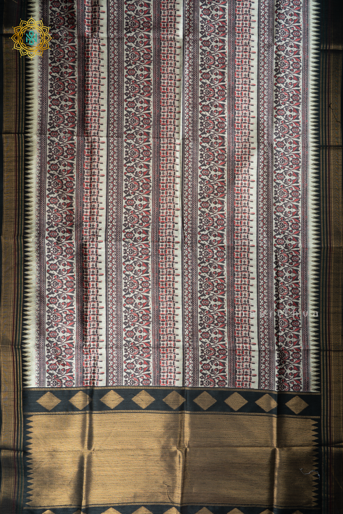 Black Semi Tussar Silk With Printed Body With Zari Border & Pallu