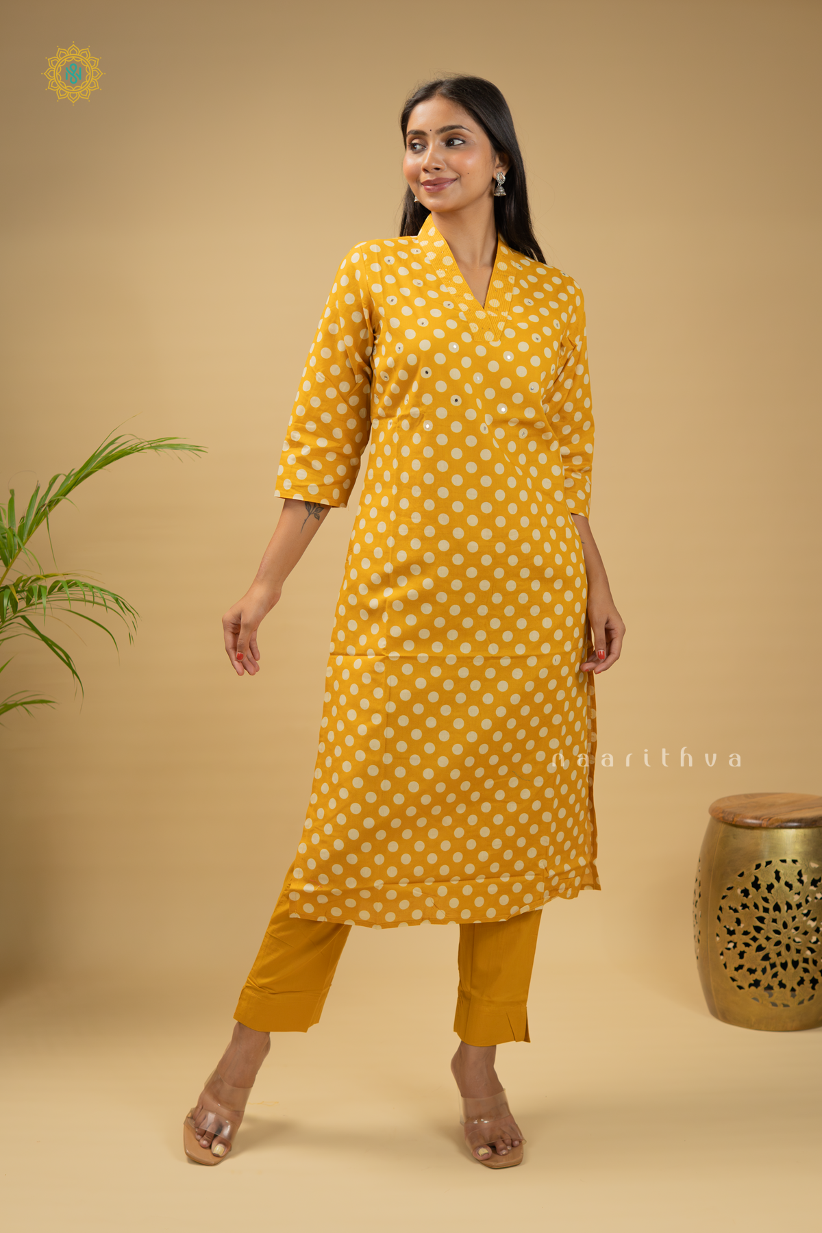 YELLOW - COTTON 2PC SALWAR SUIT WITH POLKA DOTS, TOP & BOTTOM