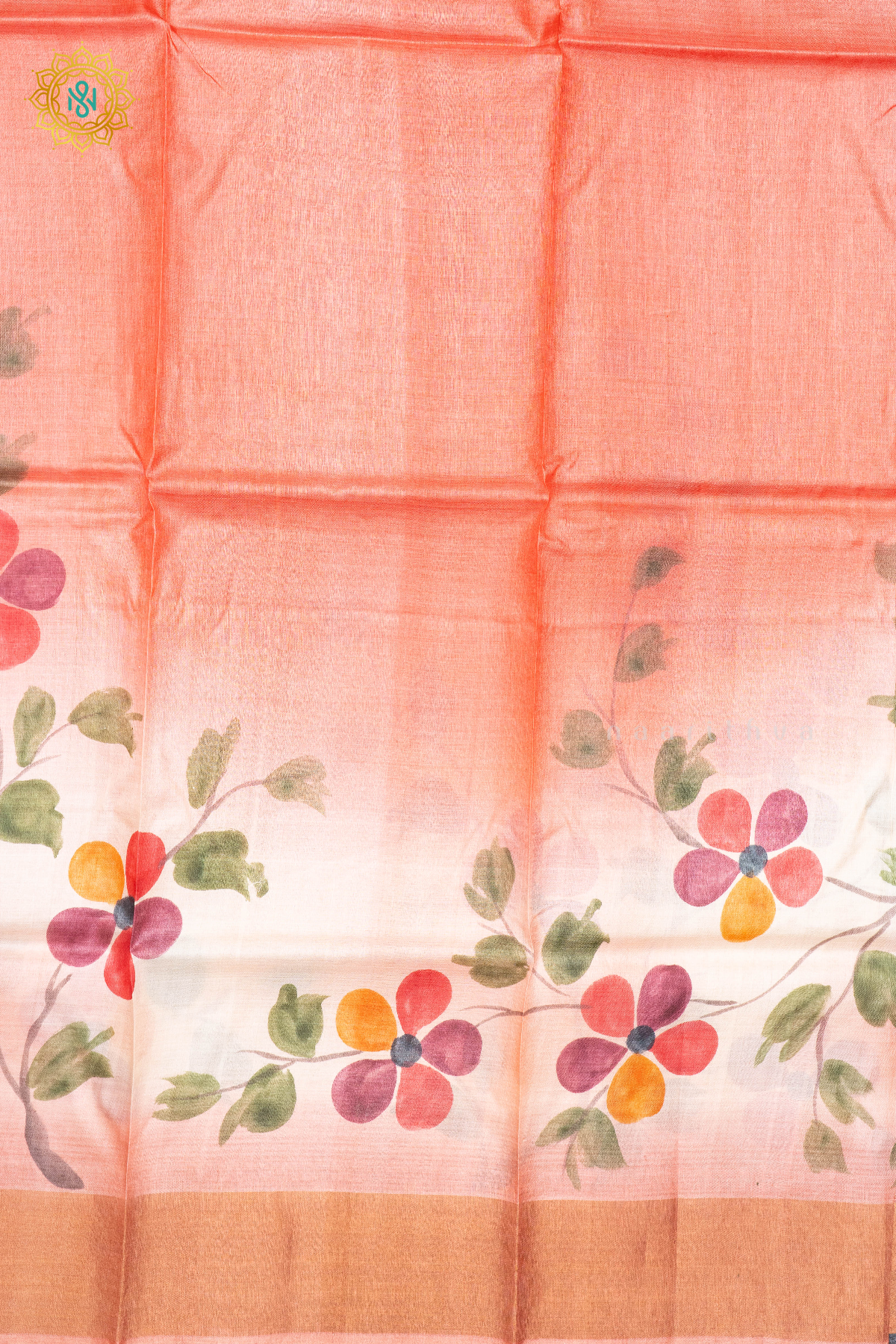 PEACHISH RED - PURE TUSSAR SILK WITH HAND PAINTED