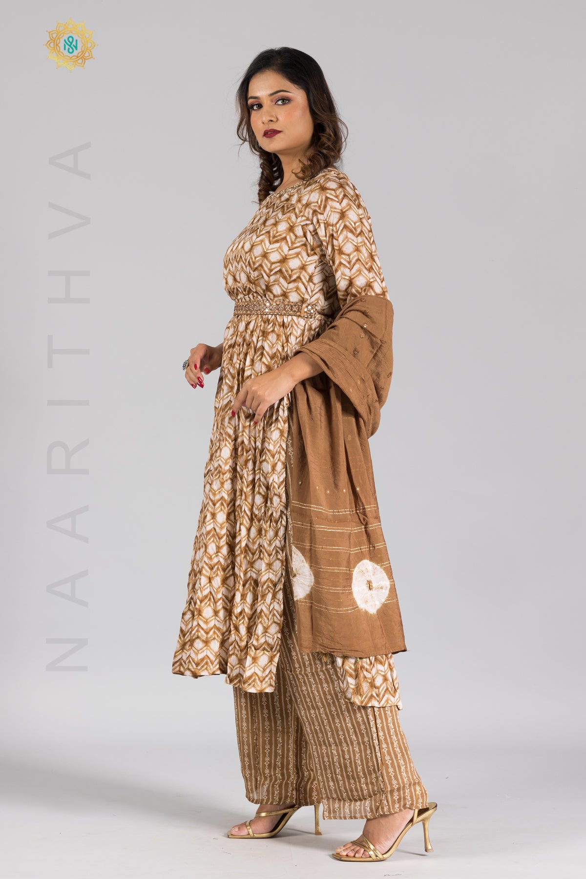 BROWN & WHITE - PARTY WEAR NAYRA CUT SALWAR SUIT WITH PARALLEL CUT PANT & DUPATTA
