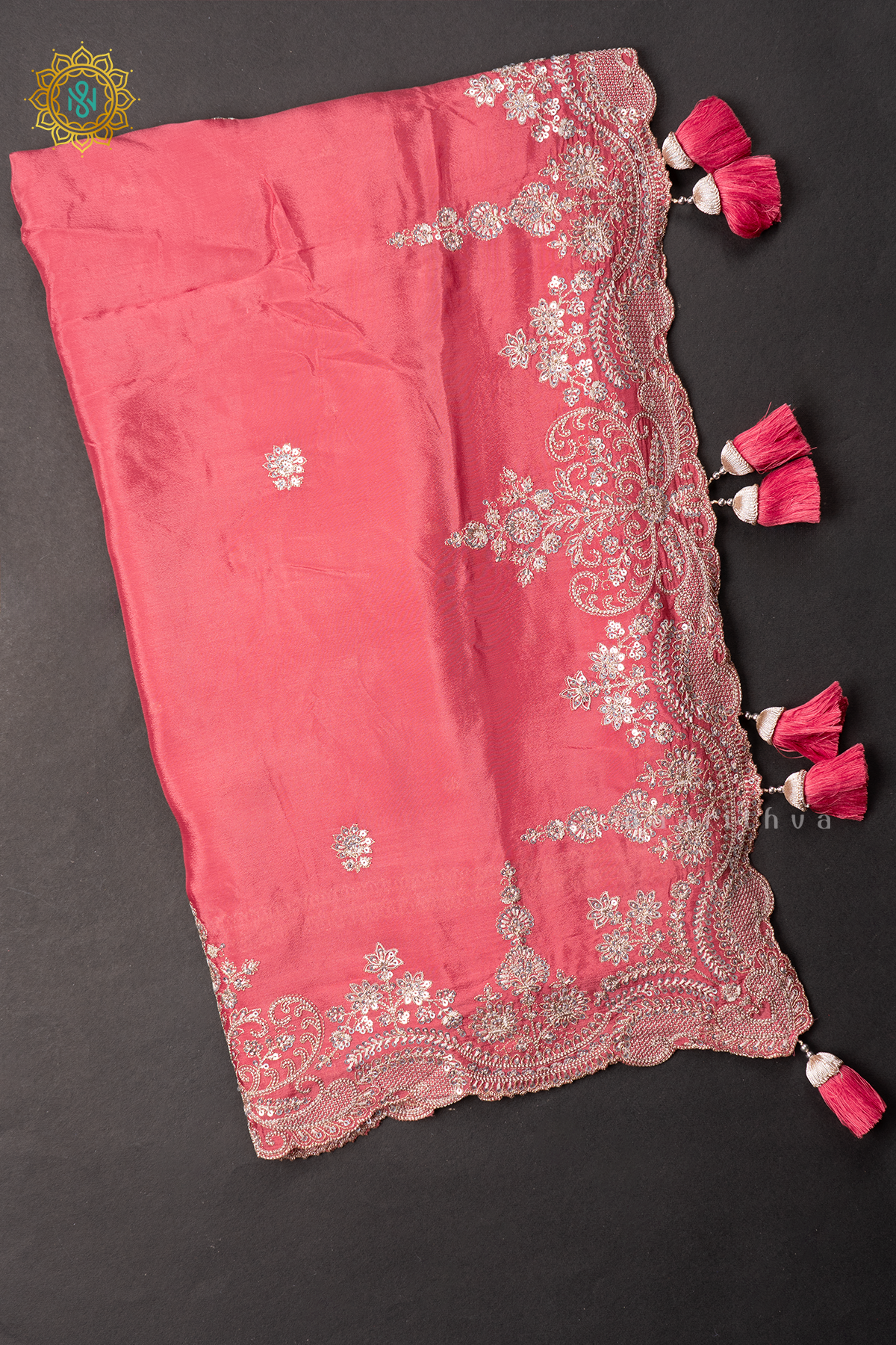 PEACH WITH WHITE - PARTY WEAR SAREE WITH READYMADE BLOUSE