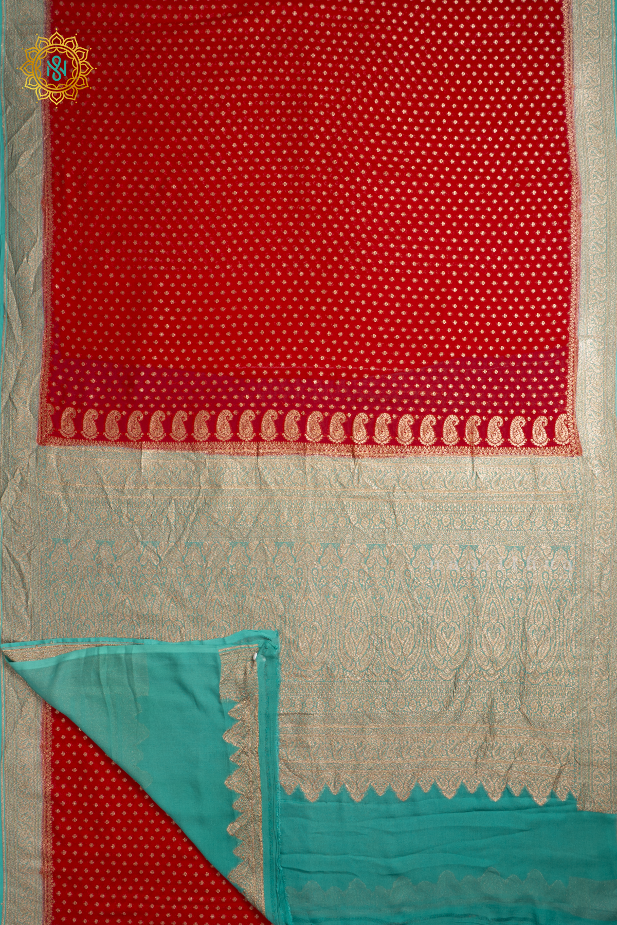 Red With Aqua Green Pure Banarasi Khaddi Georgette Allover Antique Zari Buttas On The Body With Contrast Zari Border & Pallu