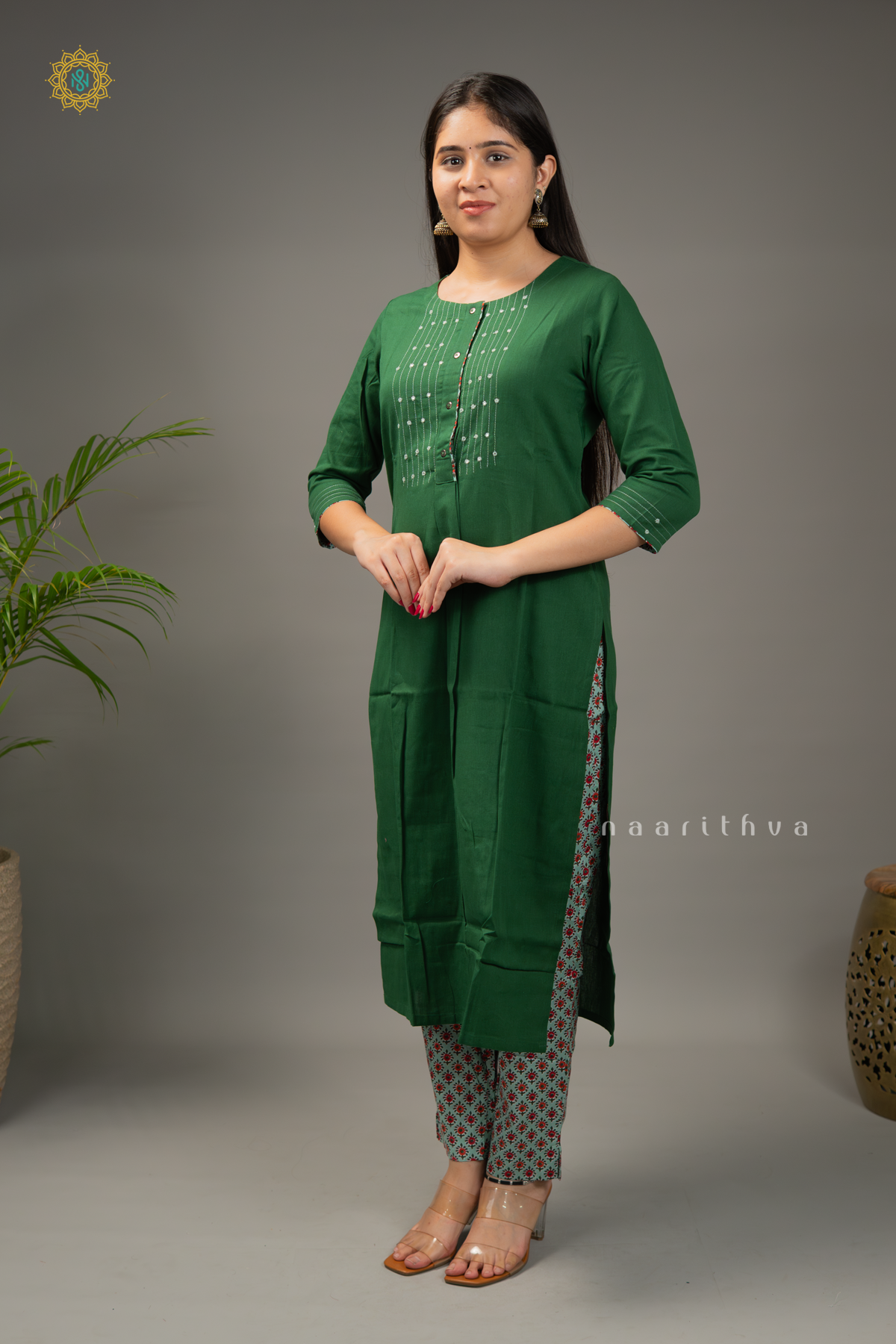 GREEN - COTTON 2PC SALWAR SUIT WITH TOP & PRINTED BOTTOM