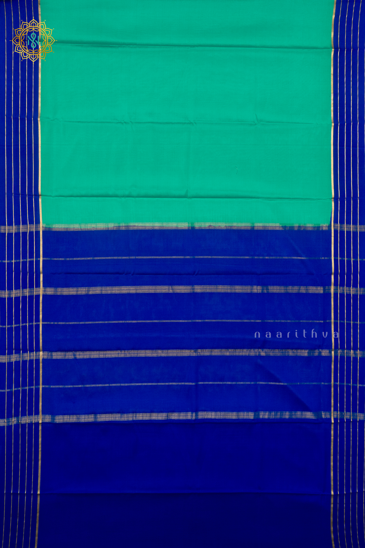 AQUA GREEN WITH ROYAL BLUE - PURE MYSORE CREPE SILK
