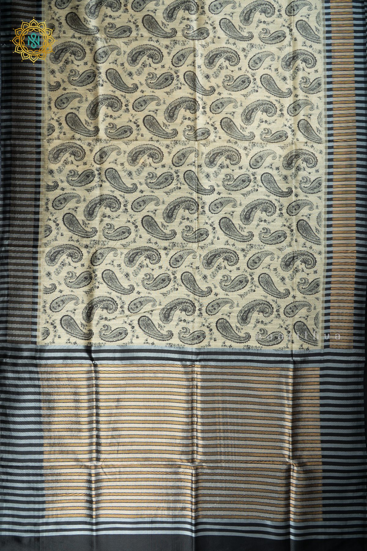 Beige With Black Semi Tussar Silk With Printed Body With Zari Border & Pallu