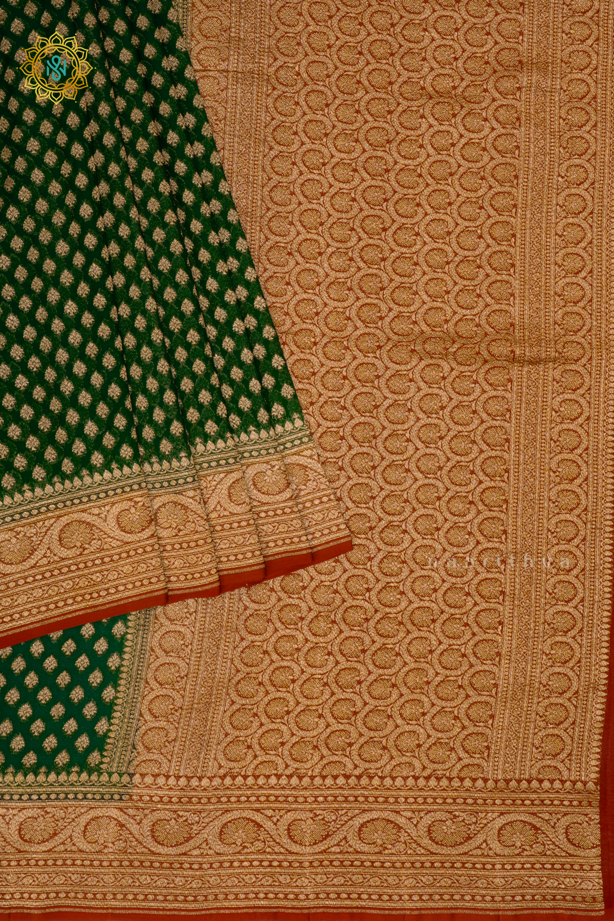BOTTLE GREEN WITH MAROON - PURE BANARASI KHADDI GEORGETTE SAREE ALLOVER ZARI WOVEN BUTTAS AND CONTRAST ZARI WOVEN BORDER