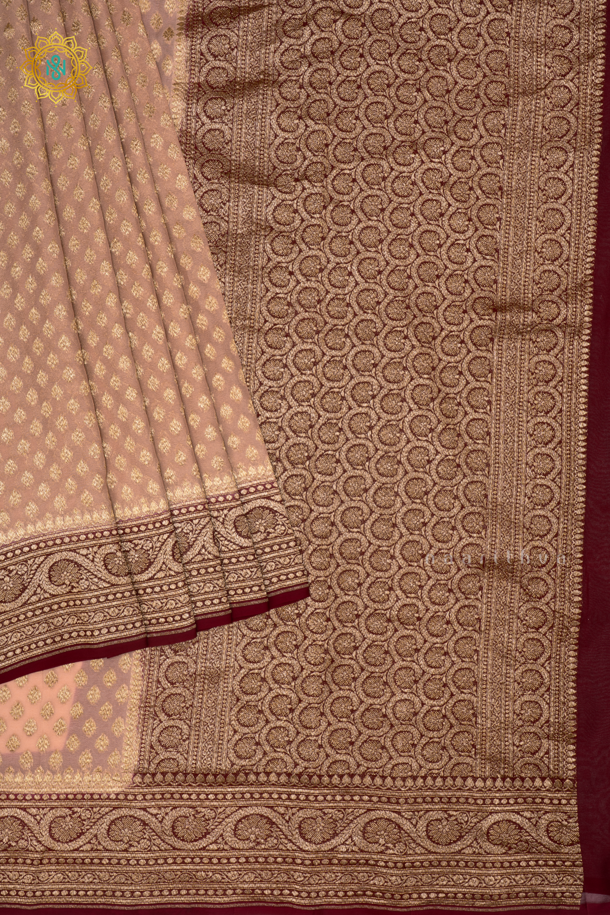 OFF WHITE WITH MAROON - PURE BANARASI KHADDI GEORGETTE SAREE ALLOVER ZARI WOVEN BUTTAS AND CONTRAST ZARI WOVEN BORDER