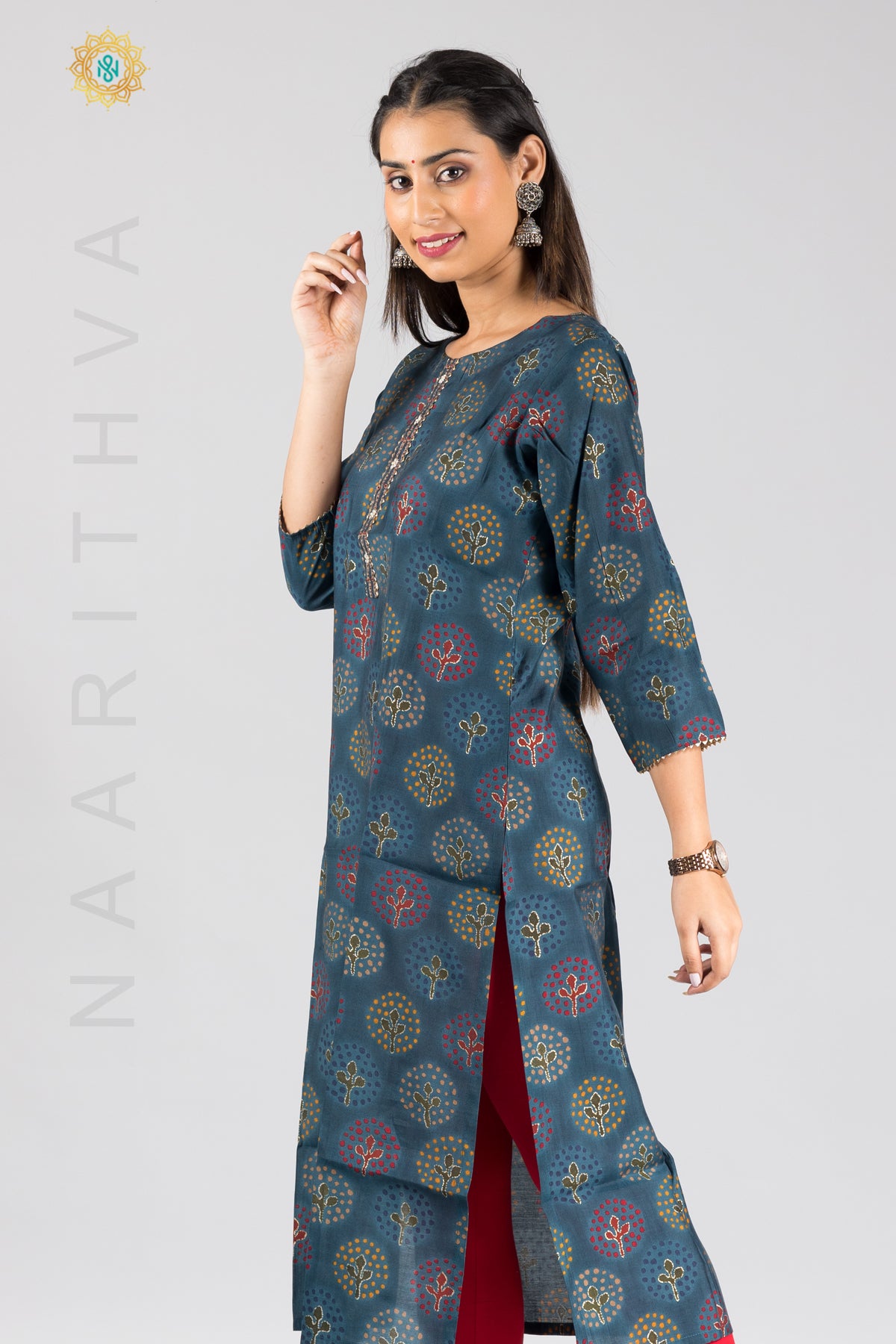 BLUE - MODAL SILK CASUAL PRINTED STRAIGHT CUT KURTI WITH NECK EMBROIDERY