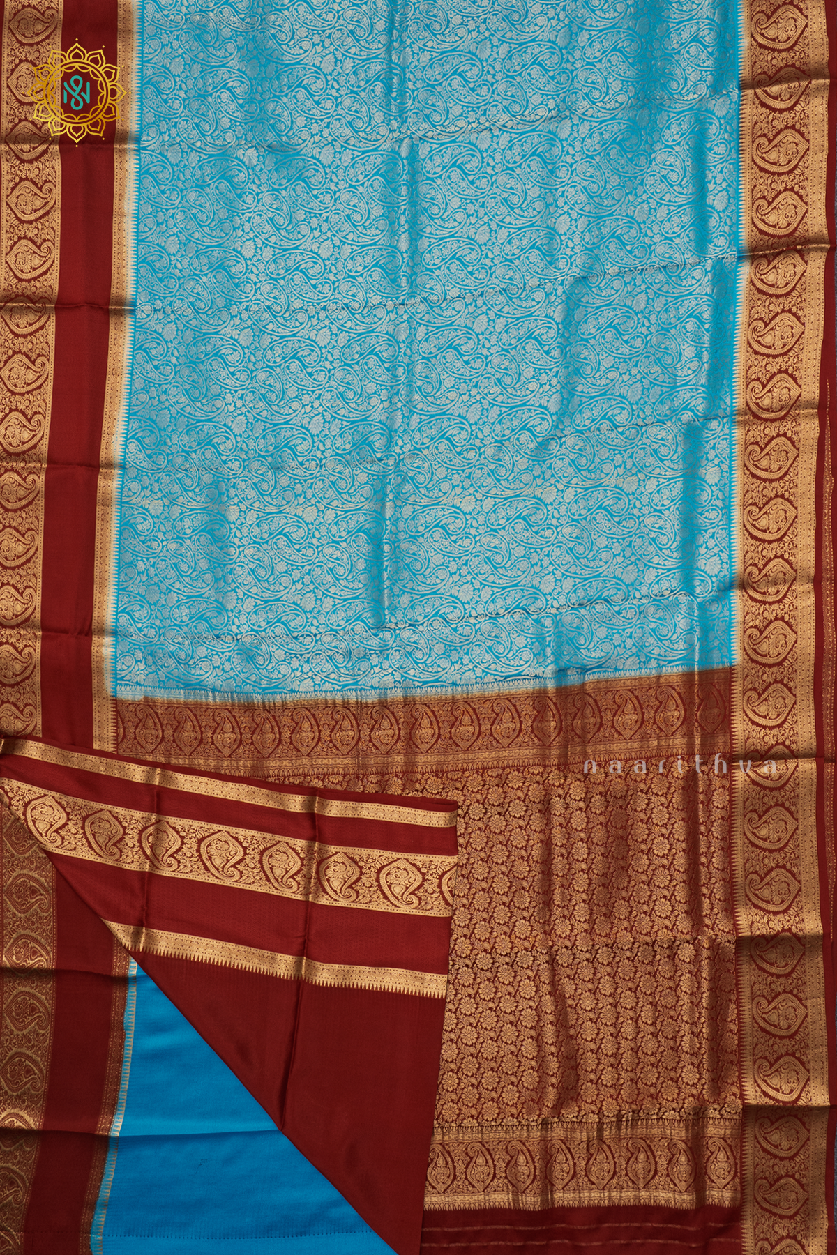 SKY BLUE WITH MAROON - PURE MYSORE CREPE SILK