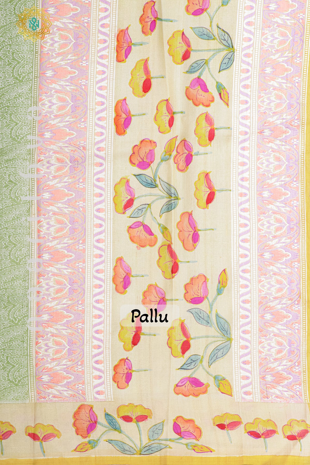 GREEN WITH OFF WHITE & YELLOW - PURE HAND PAINTED TUSSAR GEORGETTE