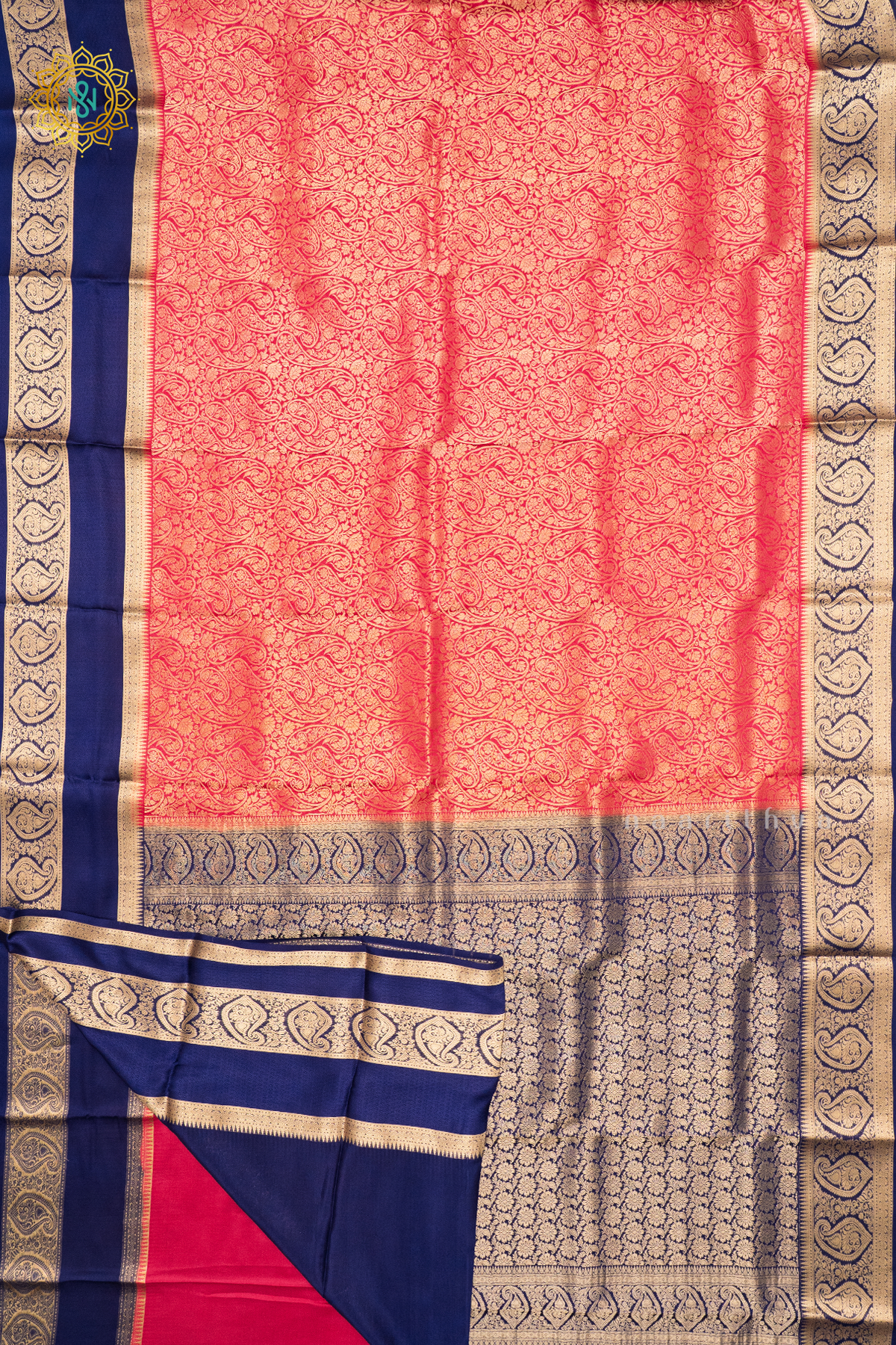 PEACHISH RED WIT BLUE - PURE MYSORE CREPE SILK