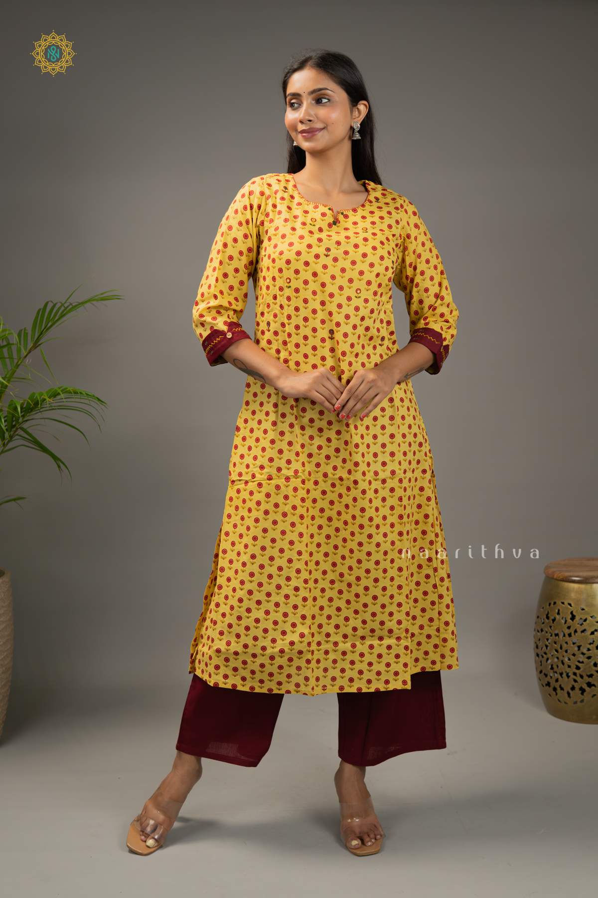 YELLOW WITH MAROON - COTTON 2PC SALWAR SUIT WITH PRINTED TOP & BOTTOM