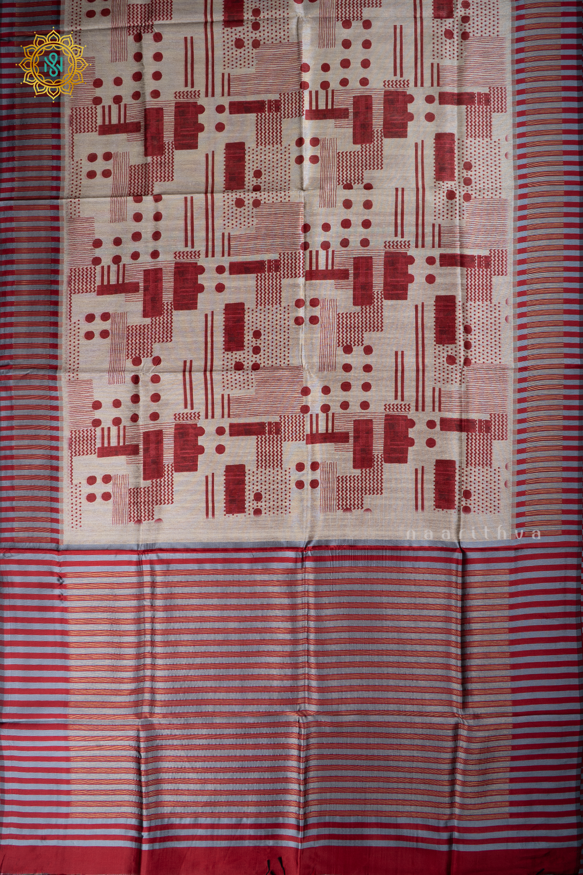 Beige With Red Semi Tussar Silk With Printed Body With Zari Border & Pallu