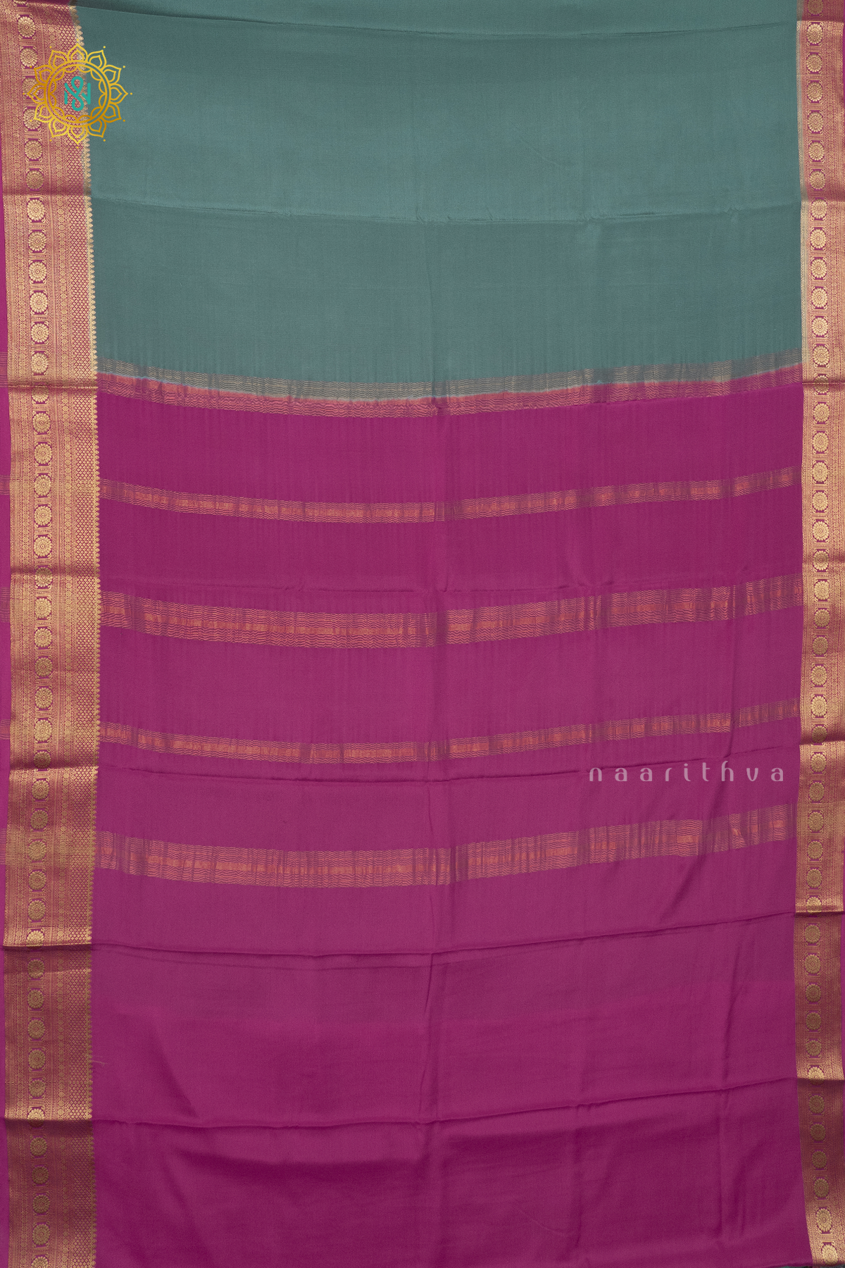 AQUA BLUE WITH PINK - PURE MYSORE CREPE SILK
