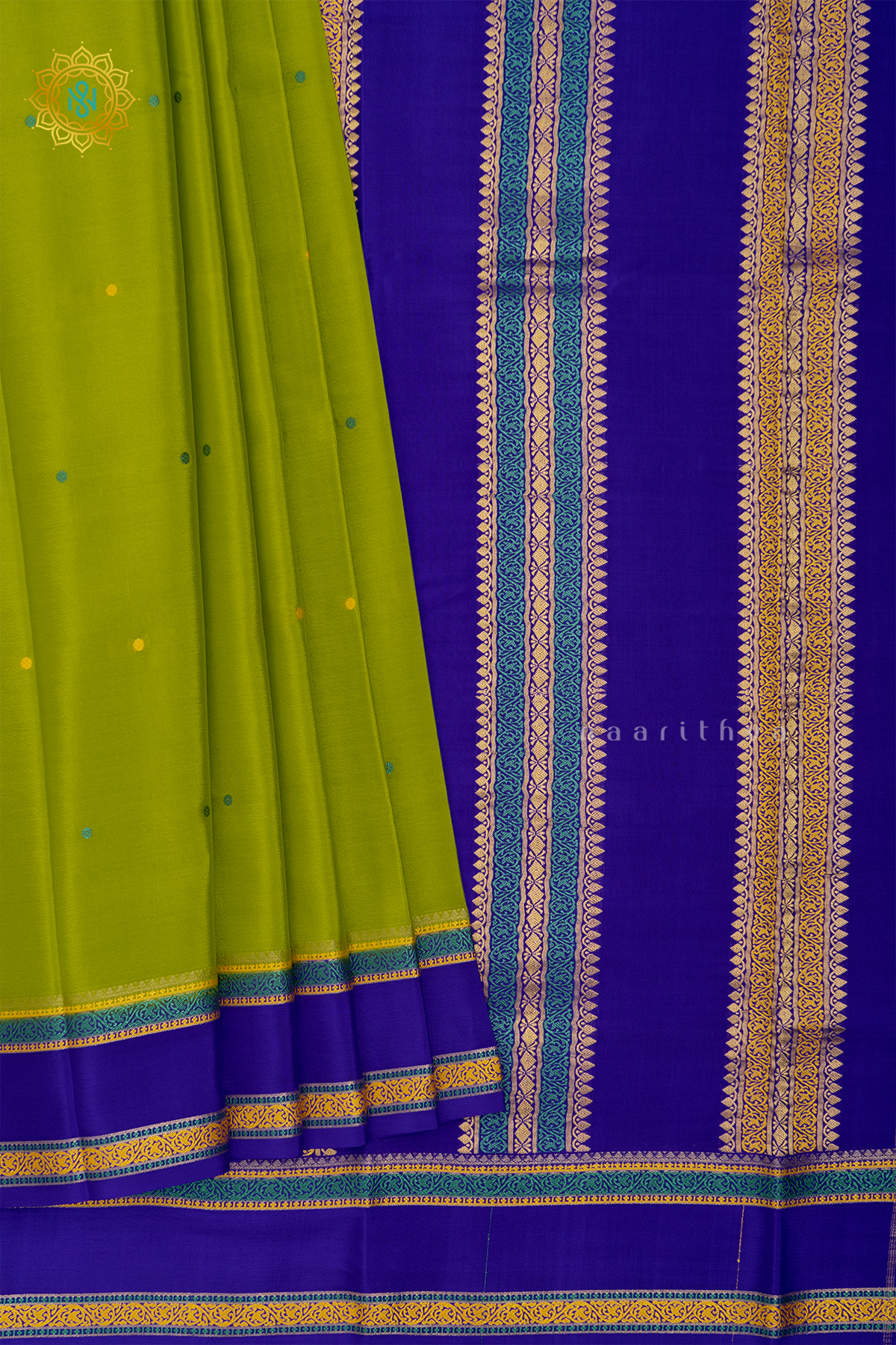 PARROT GREEN WITH ROYAL BLUE - PURE MYSORE CREPE SILK