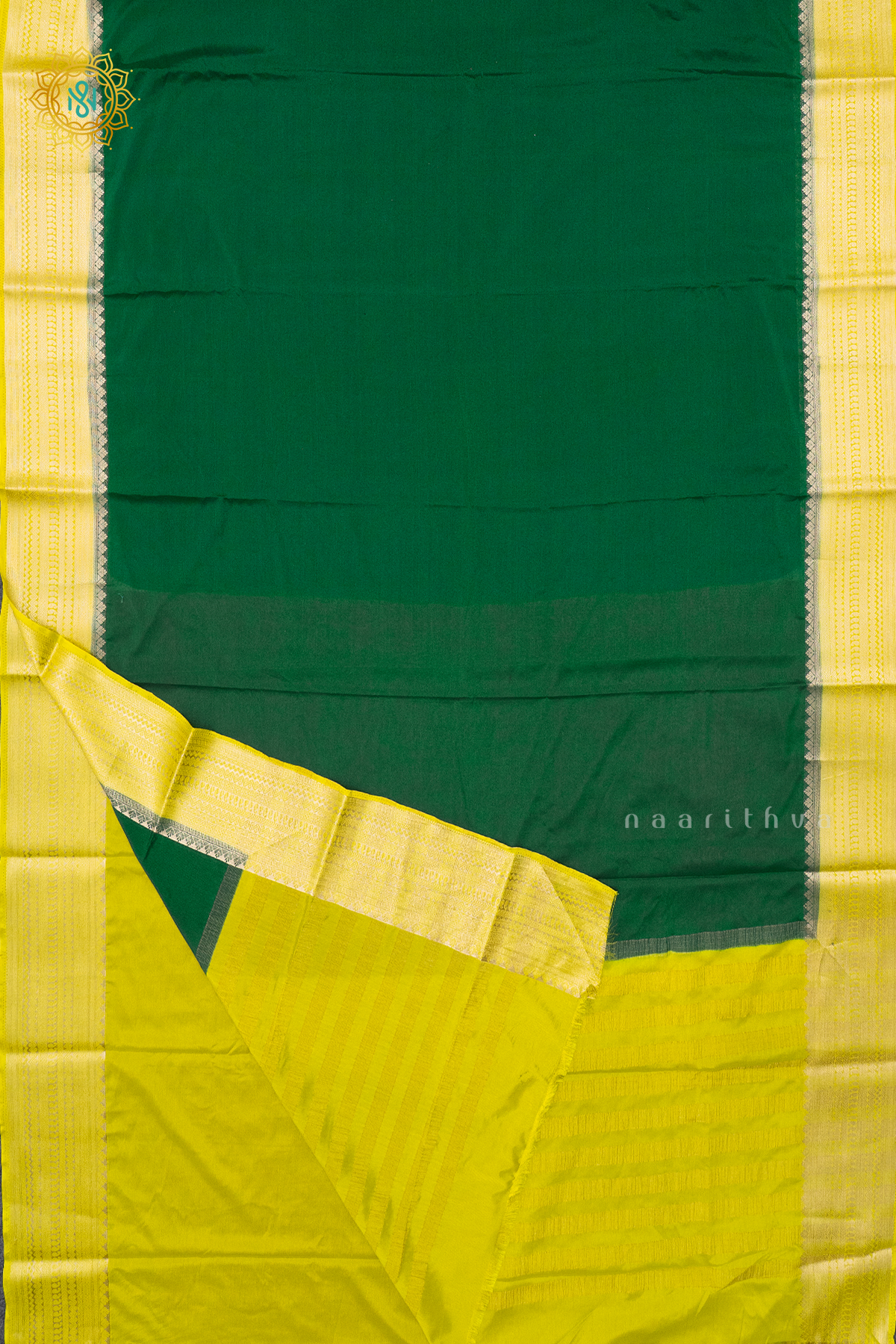 GREEN WITH YELLOW - SEMI MYSORE CREPE SILK
