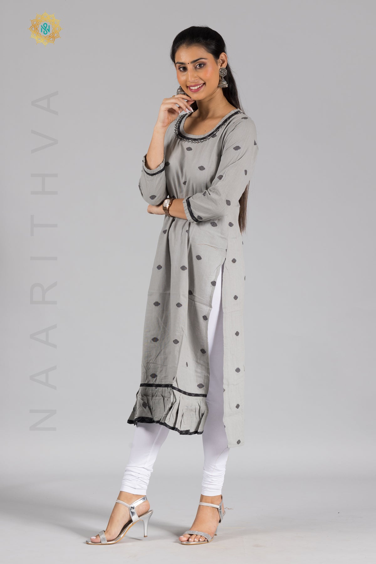 GREY - COTTON STRAIGHT CUT CASUAL KURTI WITH THREAD EMBROIDERY