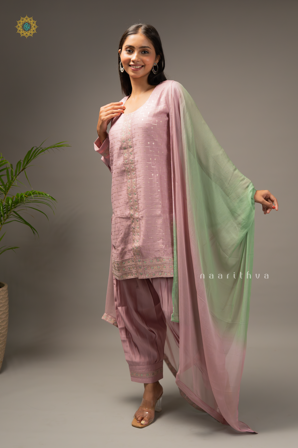 ONION PINK WITH GREEN - SILK 3PC SALWAR SUIT WITH TOP, BOTTOM & DUPATTA