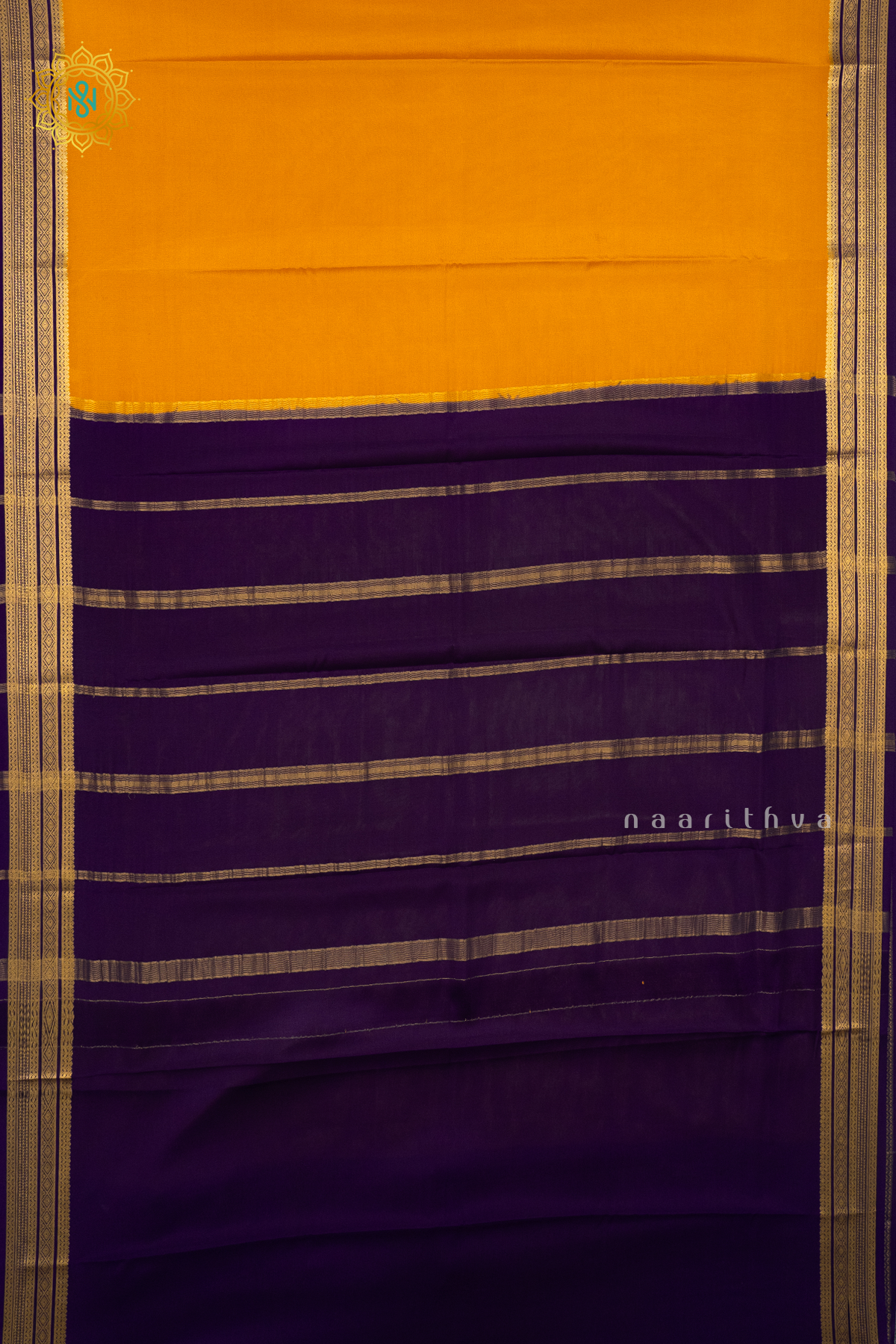 YELLOW WITH BLUE - PURE MYSORE CREPE SILK