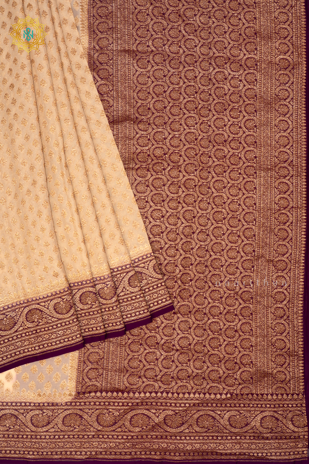 OFF WHITE WITH PURPLE - PURE BANARASI KHADDI GEORGETTE SAREE ALLOVER ZARI WOVEN BUTTAS AND CONTRAST ZARI WOVEN BORDER