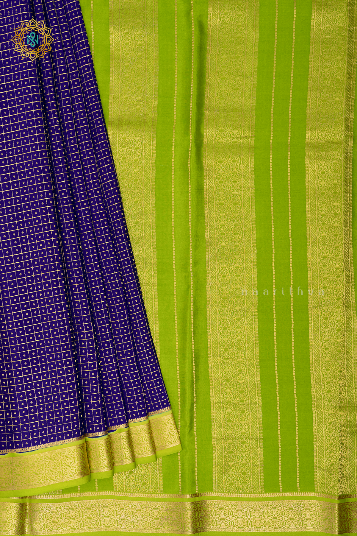 ROYAL BLUE WITH PARROT GREEN - PURE MYSORE CREPE SILK