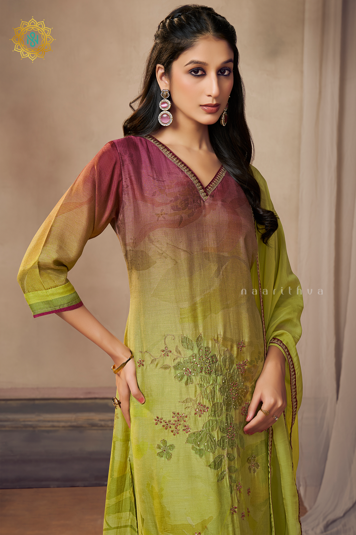 LIGHT PINK WITH LIME GREEN - CREPE 3PC SALWAR SUIT WITH TOP, BOTTOM & DUPATTA
