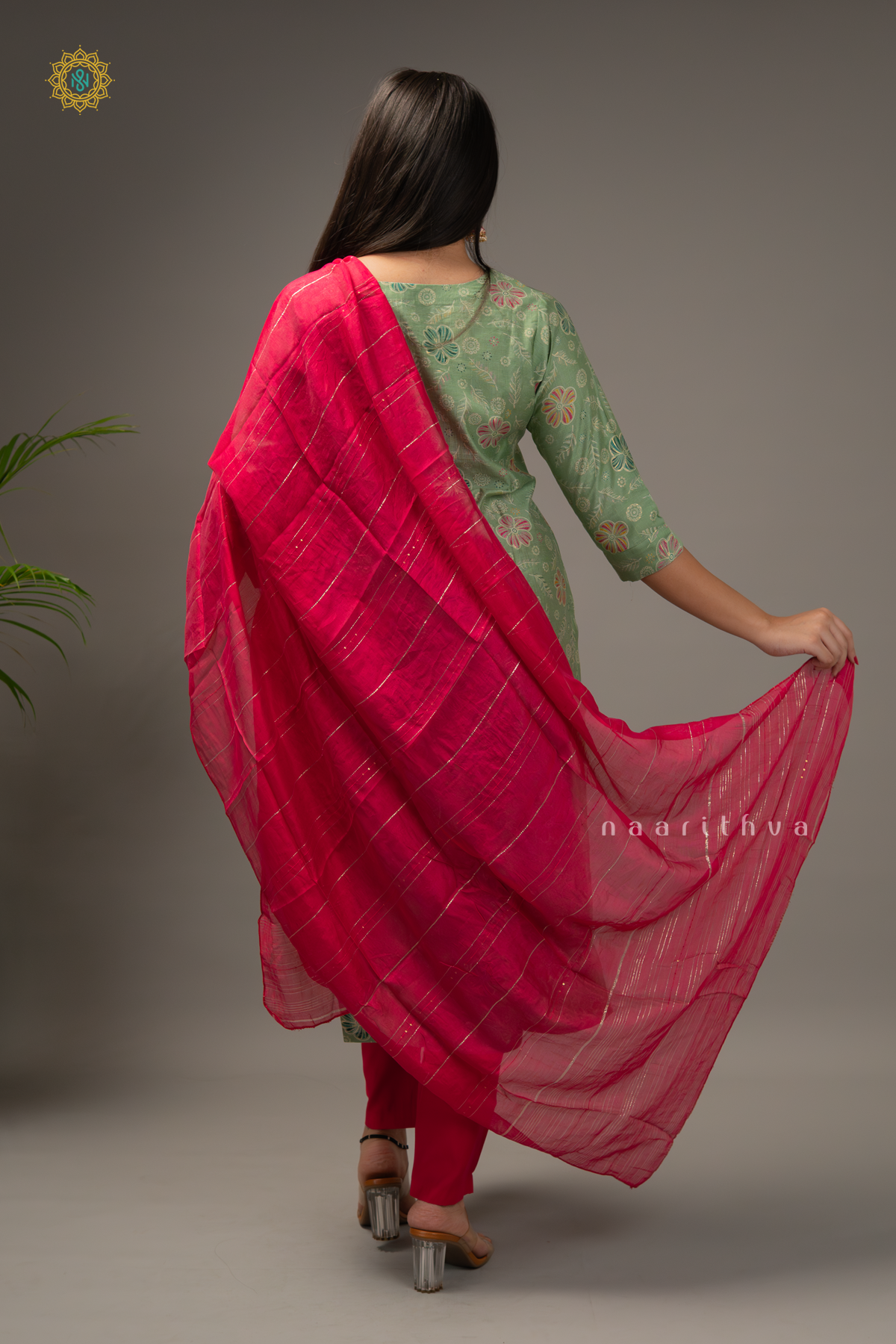 SAGE GREEN WITH PINK - COTTON 3PC SALWAR SUIT WITH TOP, BOTTOM & DUPATTA