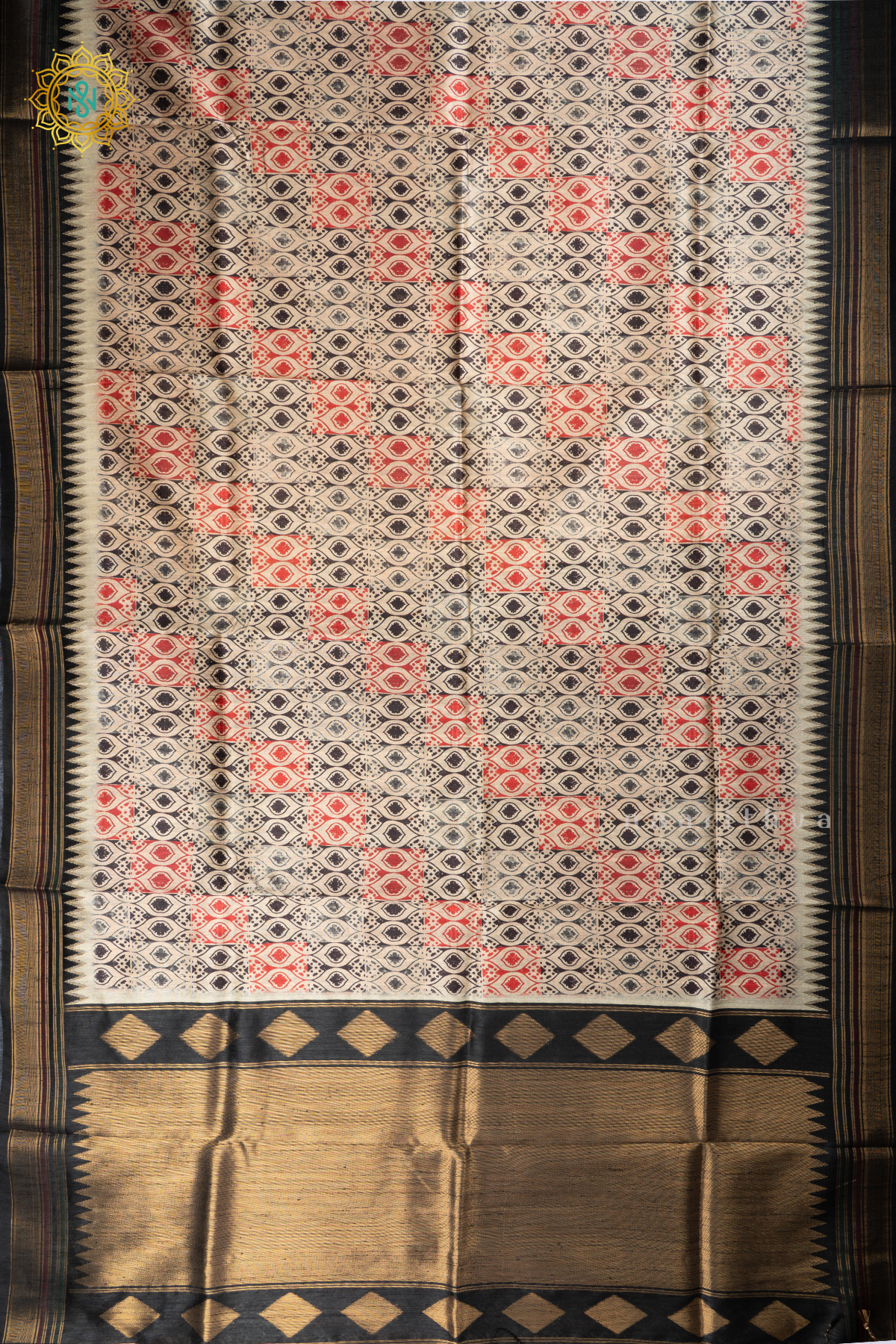Black Semi Tussar Silk With Printed Body With Zari Border & Pallu