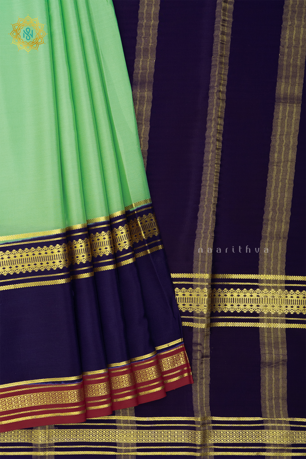 AQUA GREEN WITH NAVY BLUE & MAROON - PURE MYSORE CREPE SILK