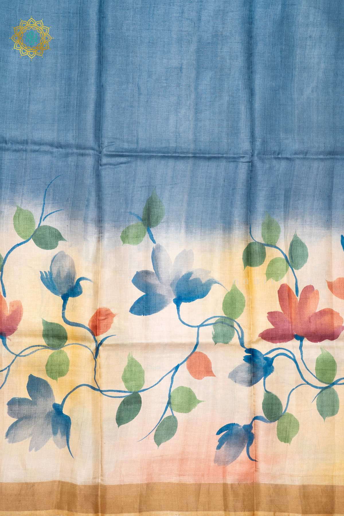 BLUE WITH YELLOW - PURE TUSSAR SILK WITH HAND PAINTED
