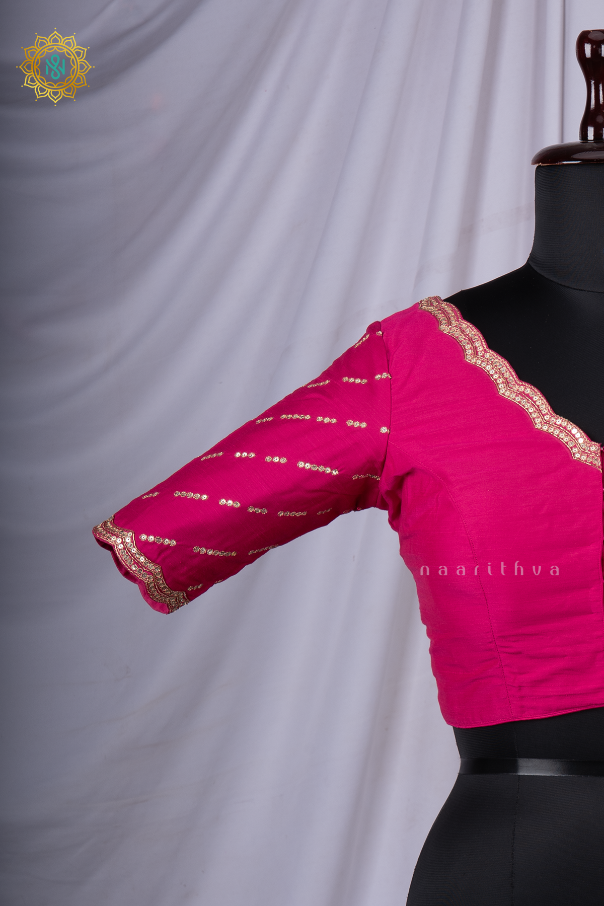 Pink Cotton Silk Readymade Blouse with a Scalloped Neckline and Sequin Work