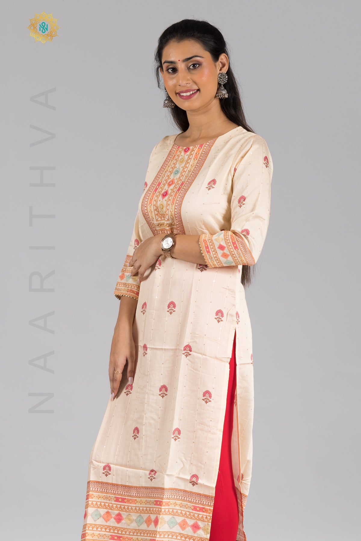 CREAM - CASUAL KURTI WITH NECK EMBROIDERY